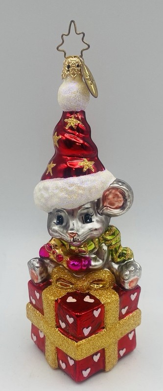 Christopher Radko “Squeakings” Mouse on a Present Ornament