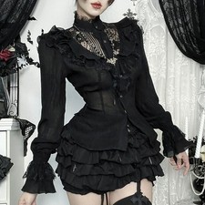 Blusa Gotica Vittoriana Nera In Pizzo Volant Maniche Sbuffo Lunghe Veloce