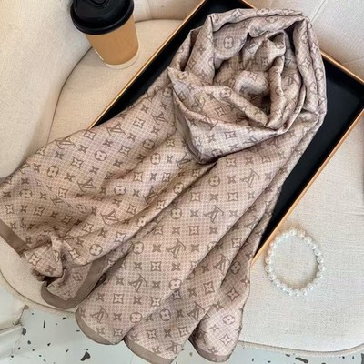 LOUIS VUITTON SCARF SHAWL AUTHENTIC 100% SILK BEIGE BROWN CLASSIC LOGO