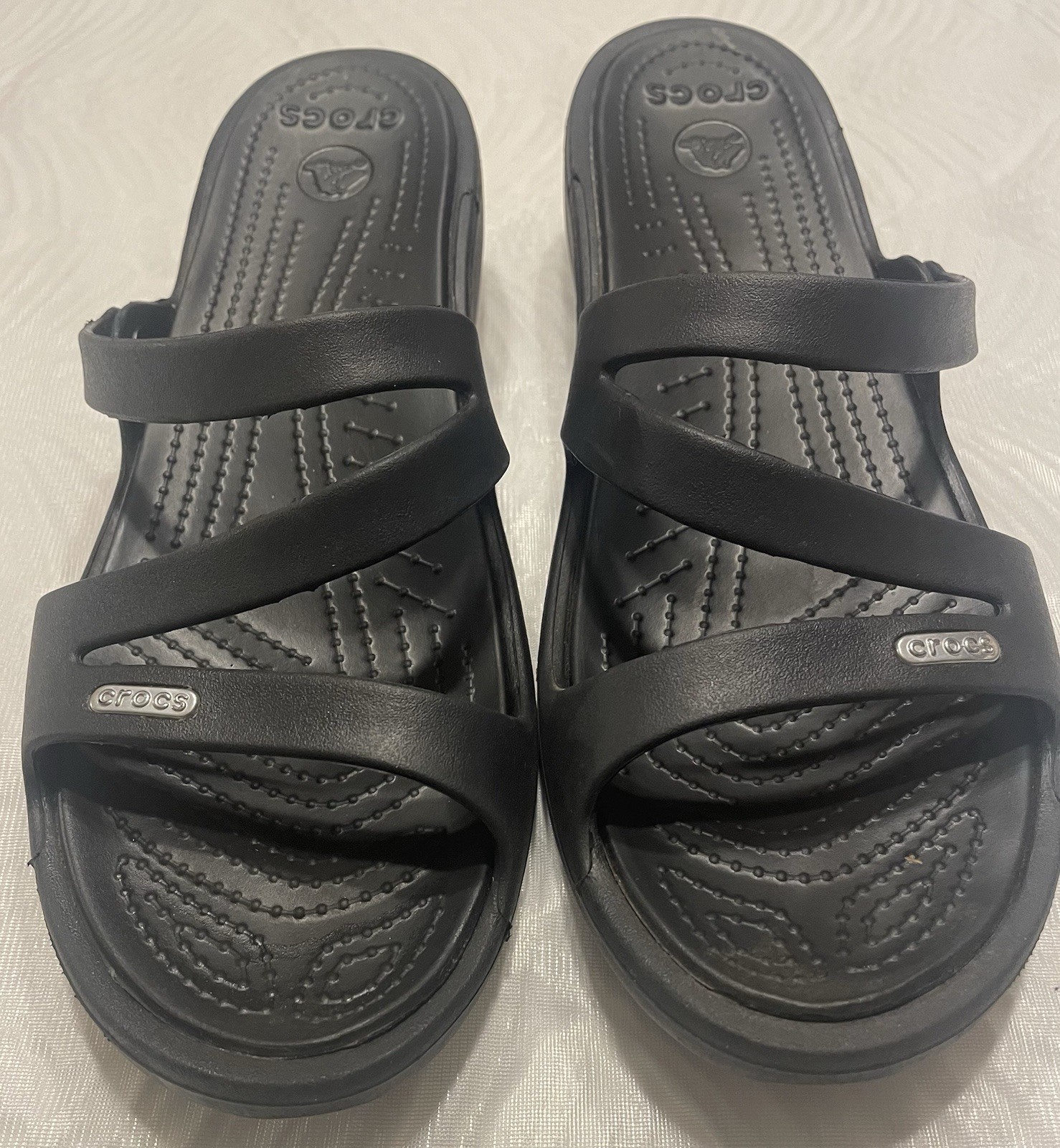 Crocs Women’s Black Rubber Slip On Slide Wedge Comfort Strappy Sandals Size 11
