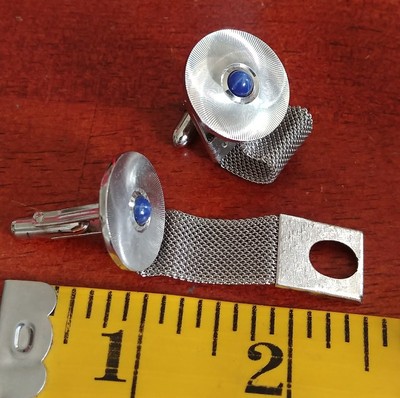 Boutons De Manchette Vintage Argentés Avec Pierre Bleue Marbrée - Occasion Pour Homme