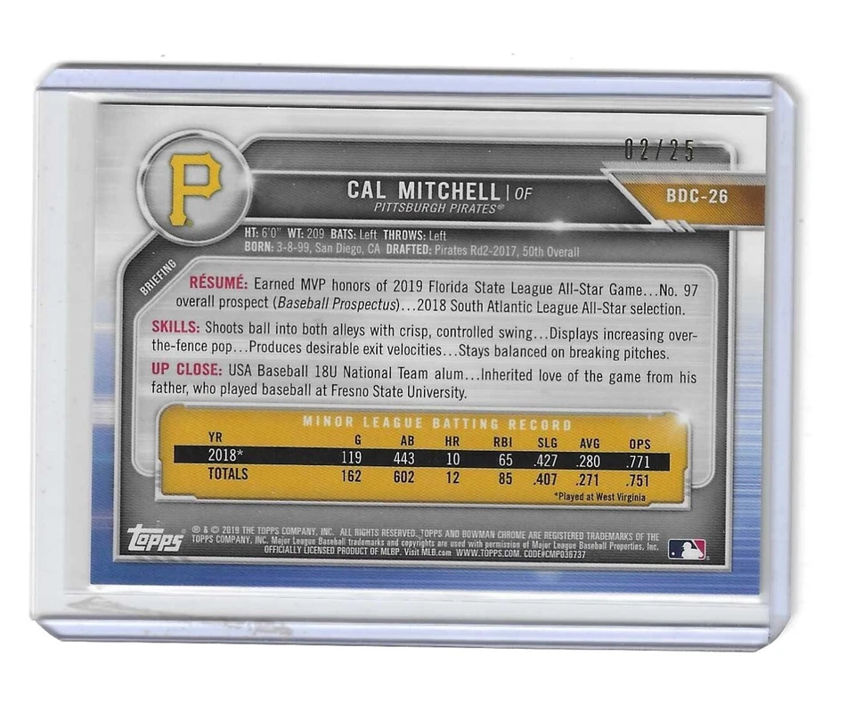 Cal Mitchell 2019 Bowman Chrome Draft Sapphire 2/25 - Image 2 of 2