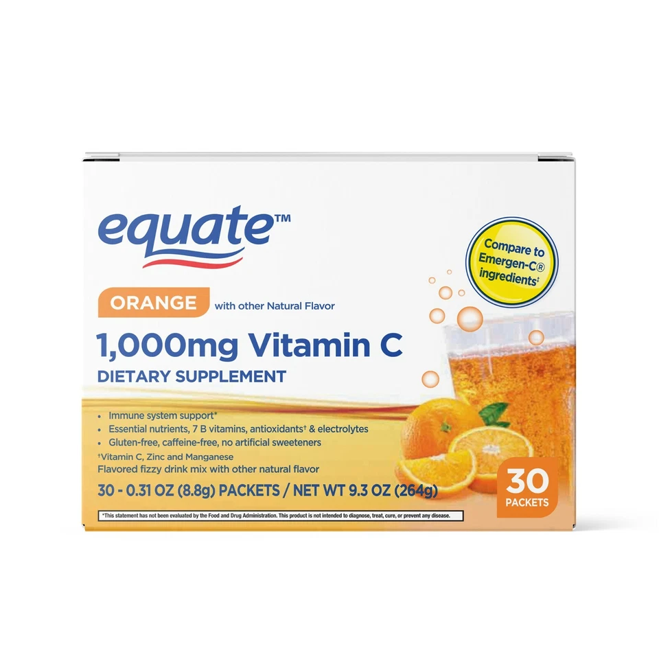 Equate 1000 mg Vitamina C Bebida Mezcla Suplemento para Apoyo Inmunológico, Naranja, 30ct Foto 4 de 4