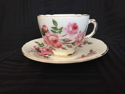 vintage Sutherland Bone China Teacup&Saucer Staffordshire Pink Rose Gold Rim