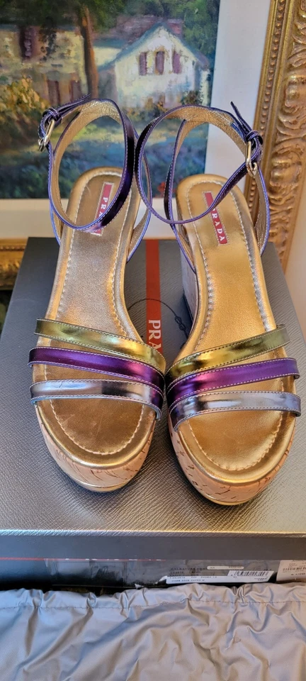 $480 SANDALIAS PRADA CUERO CUÑA TACÓN PLATAFORMA CORCHO CORREA AL TOBILLO 9.5 PÚRPURA ¡EXCL! Foto 4 de 4
