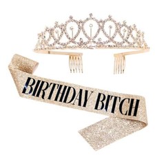 Birthday Bitch Sash  Rhinestone Tiara Gold Glitter Kit for Women  s Birthday