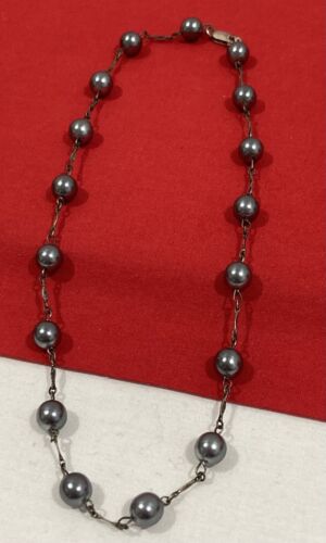 Vintage 925 Sterling Silver Bar Link Chain and Gray Pearl Beaded Necklace 16.25" - Afbeelding 1 van 13