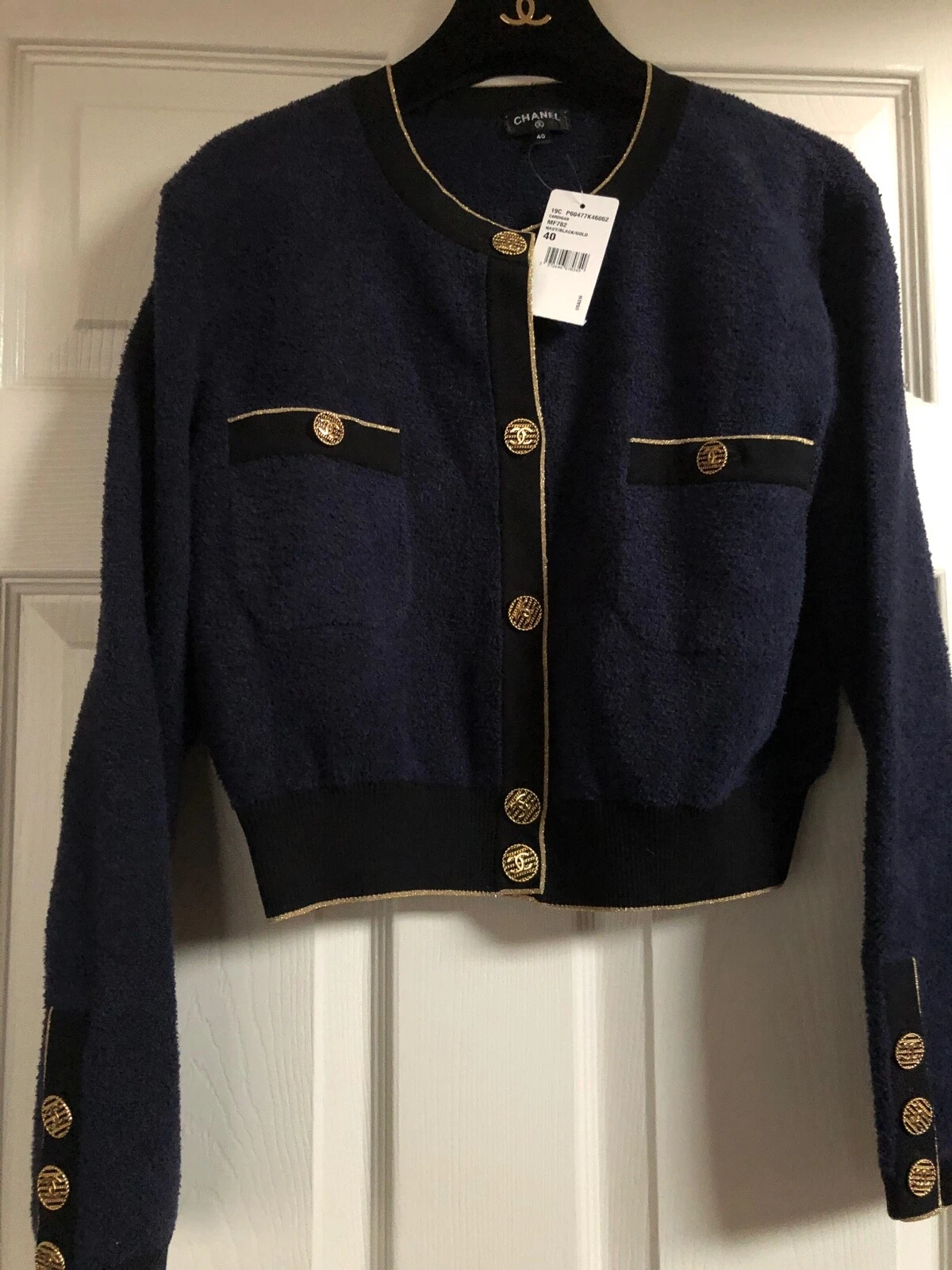 CHANEL 19C NUOVE ETICHETTE TWEED COTONE BLU GIACCA ORO CC BOTTONI FR40 FR38