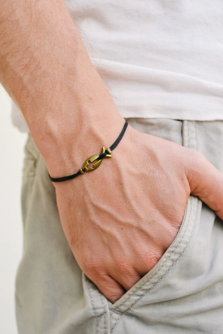 Cross fish bracelet for men black string Christian gift for him bronze charm man