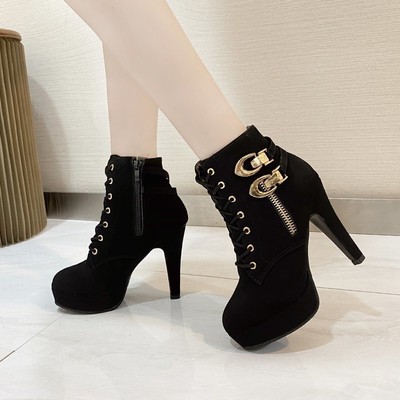 Damen High Heel Punk Gothic Ankle Boots Plattform Lace Up Schnalle Stiefel