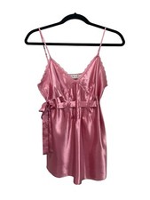 Vintage Pink Satin Camisole - Synched Bow Accent  Lace Trim - NWT Size M 