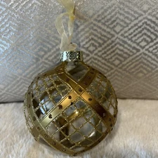 4” Glass Clear & Gold Hand Blown  Christmas Ornament