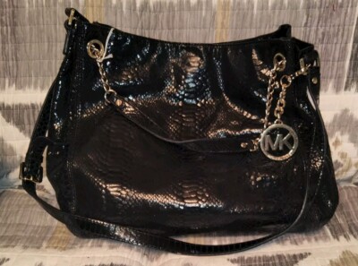 Michael Kors Black Glossy Python Embossed Leather Fulton Shoulder Bag, Beautiful
