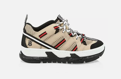 BURBERRY MEN UNION RS5 MIX TECH STRIPE LOW TOP SNEAKERS, BEIGE, SZ