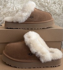 UGG DISQUETTE CHESTNUT SUEDE/ SHEEPSKIN PLATFORM SLIPPERS, US 8