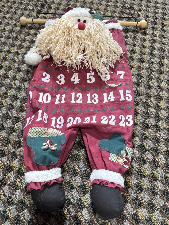 Vintage Advent Christmas Calendar Santa Number Pockets Red Cloth String Beard - Image 2 of 4