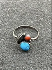 Vintage Sterling Silver 925 Turquoise Coral Southwestern Leaf Ring Size 6.75