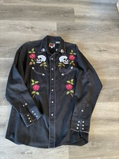 Brooks Dunn Western Pearl Snap Shirt Mens Sz Large Embroidered Skull Rose Gun