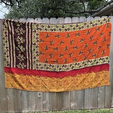 Handmade Reversible Kantha Quilt Throw Blanket Orange Red Boho Cotton 85x55