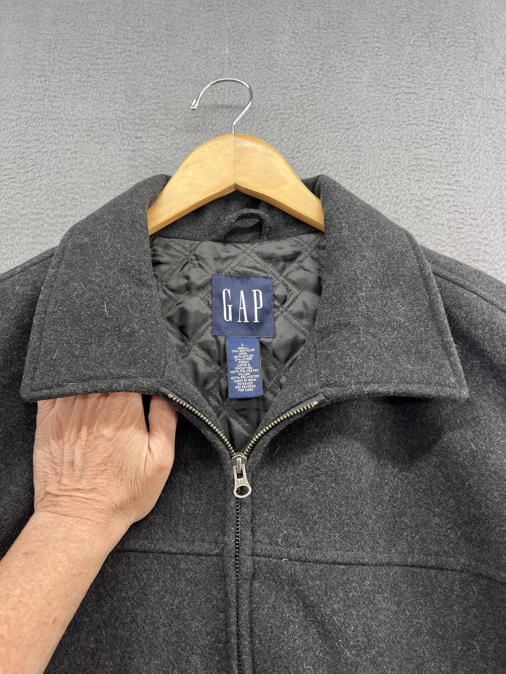 Vintage GAP Jacket Mens Large Charcoal Wool Blend Zip Up Quilted Lined Y2K 00s - Image 3 of 4