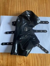 Black Latex Hood with Blindfold and Mouth Rubber Mask for Fetish BDSM Clubwear