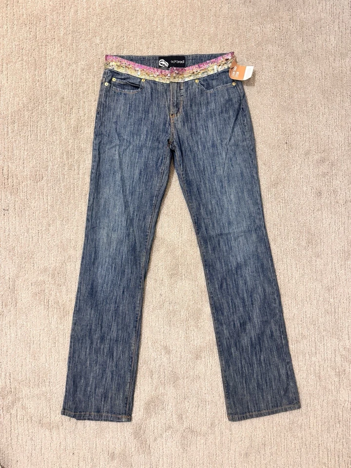 Jeans acampanados rojos Ecko adornados con lentejuelas bootcut tiro bajo Y2K vintage años 90’s raros Foto 2 de 4