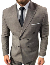 Mens Designer Double Breasted Suit Brown Beige Check Suit Fitted Slim Fit 54