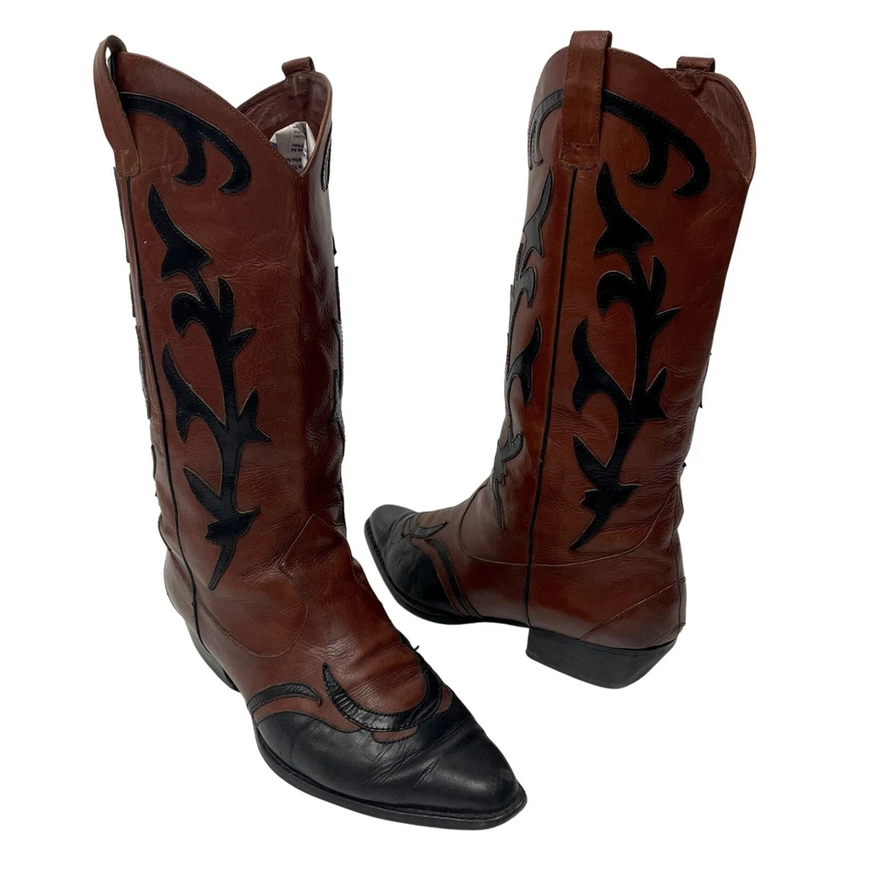 Vtg 80's Van Eli Brown Leather Cowboy Western Black Wingtip RODEO Boots 6 M - Image 2 of 4