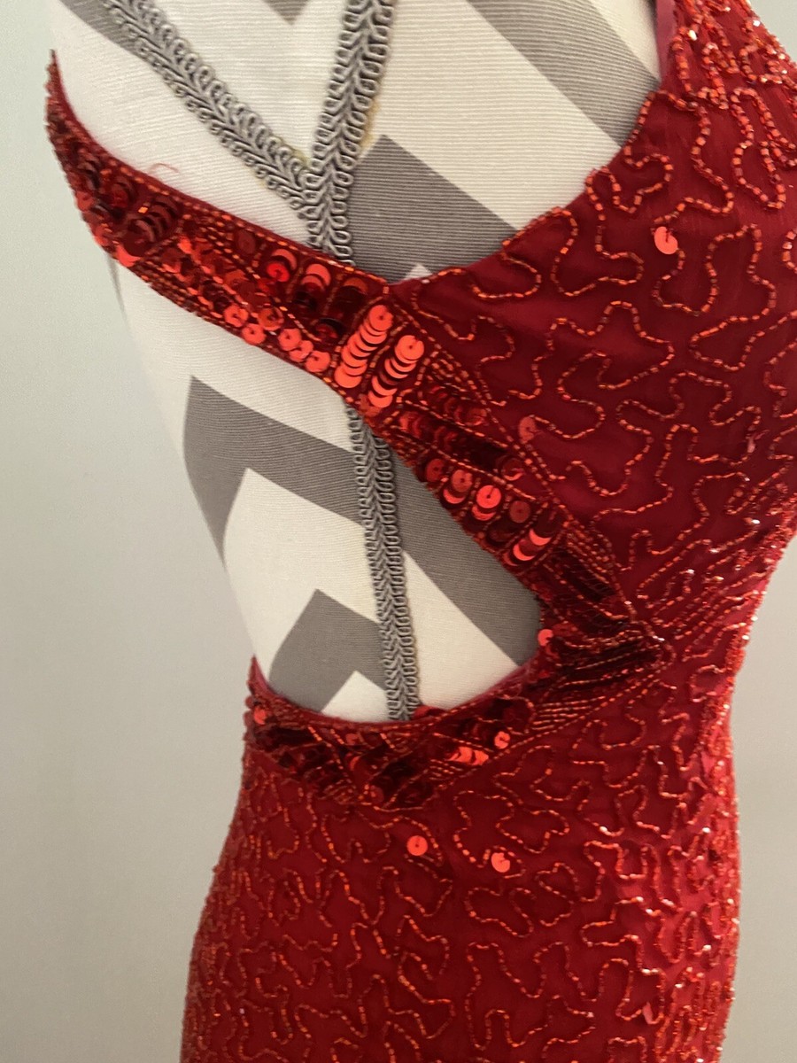 cache red sequin dress Cache Women's Red Beaded Sequins Maxi Sleeveless Dress Party Prom Silk Open  Back