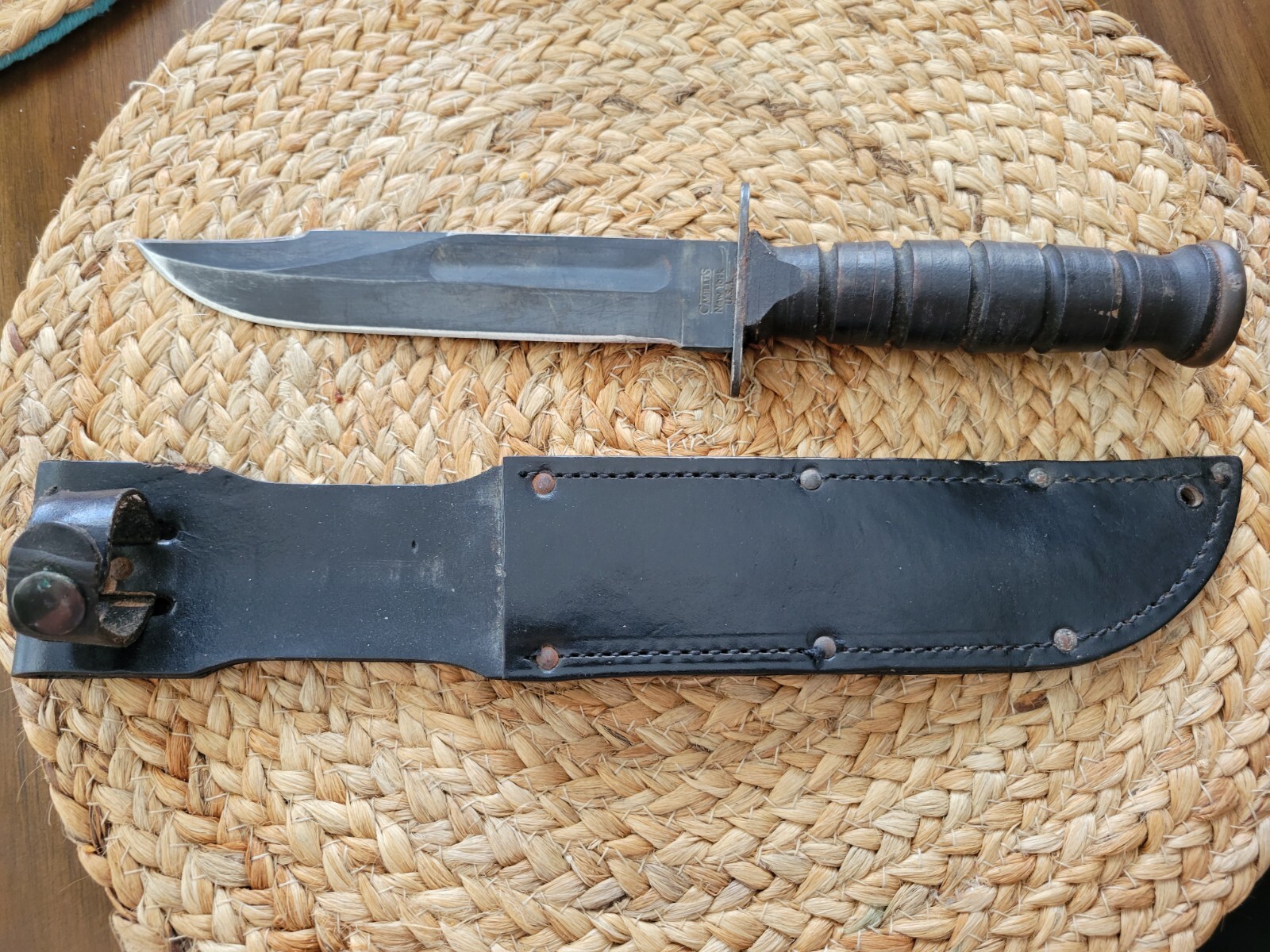 Camillus fixed blade knife USA,7" blade,Marine combat knife,leather