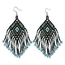 Handmade beaded Black Cyan Blue Native style hook earrings