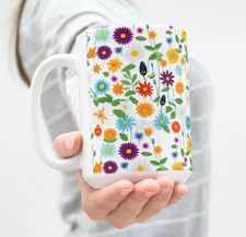 Colorful Daisy Garden Coffee Tea Mug Cup 15 Oz Ceramic Floral Jug by Mugzan