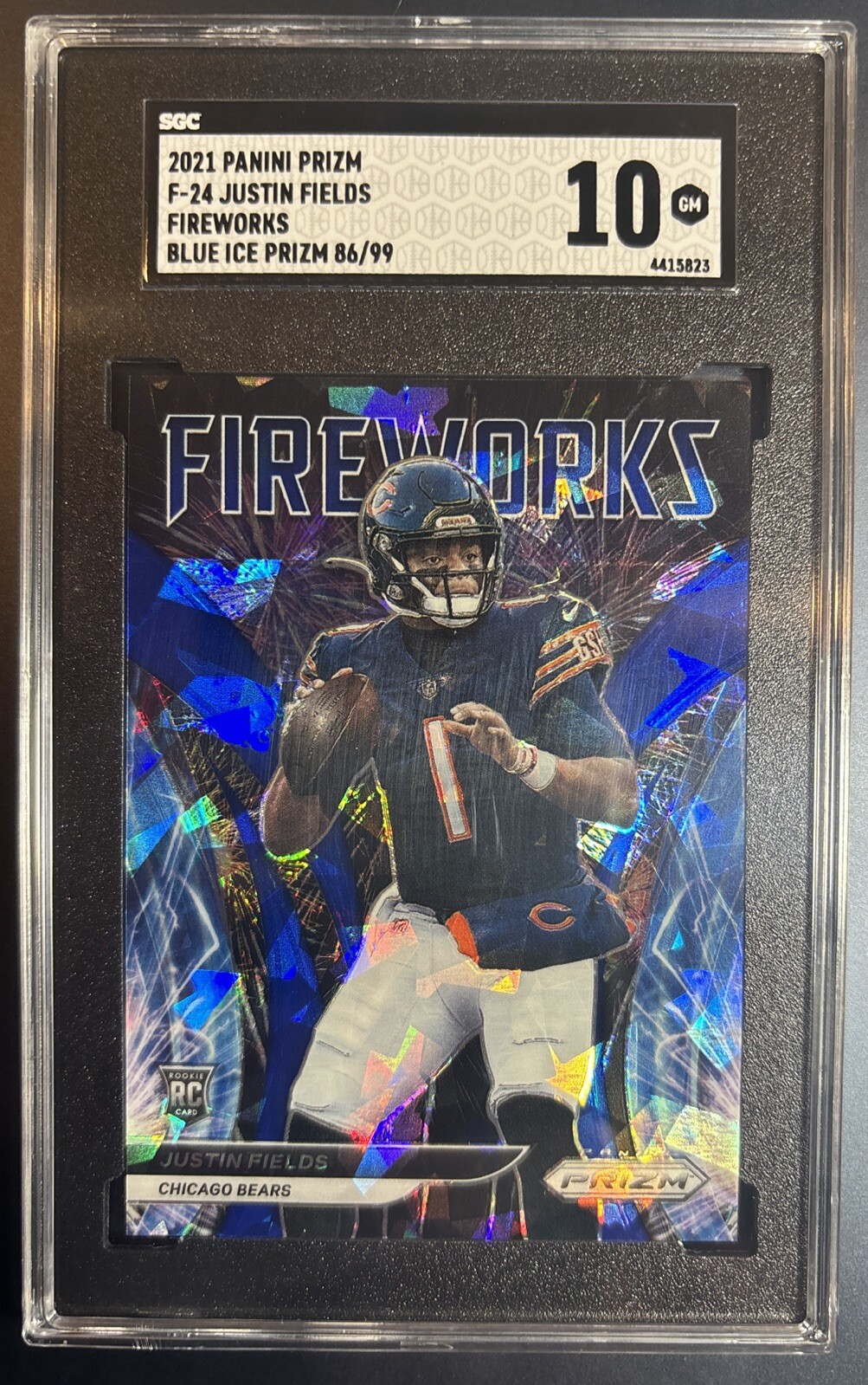 Justin Fields 2021 Prizm Fireworks Blue Ice Prizm RC /99 New York Jets