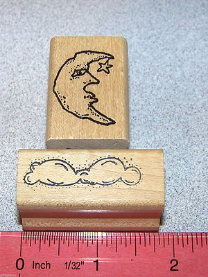 Clouds & Sleepy Crest Moon Two Rubber Stamps Nice Small Size