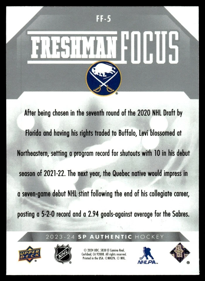 2023-24 SP Authentic Freshman Focus Devon Levi Buffalo Sabres #FF-5 - Image 2 of 2
