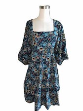 Maurices Floral Midi Dress Womens Large Blue Tie Waist Puff Sleeve Boho