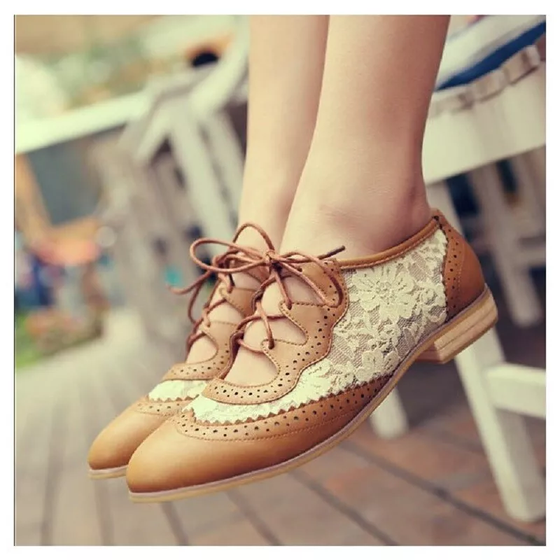 Brown Lace Women Oxfords Vintage Woman Shoes Round Toe Lace-up