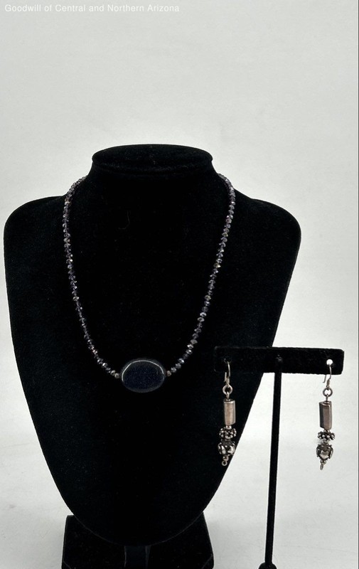 925 Sterling Silver Purple Gold Stone Pendant Jewelry w/Earrings, Necklace 24.6g