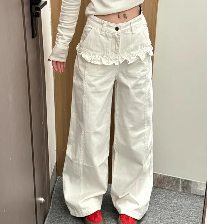 Pantalones informales para mujer blancos de mezcla de algodón con volantes de pierna recta punk hip hop de moda