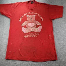 VTG 80s Screen Stars Best Hugs Instead Of Drugs Red Lg Single Stitch USA Stains