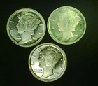 Three (3)  1/10th OZ .999 Fine SILVER ROUNDS in Mercury dime design