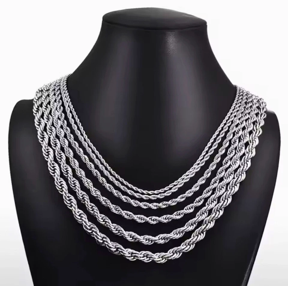 Collar de cadena de eslabones de cuerda de plata de ley 925 - unisex, 16-26", acero inoxidable Foto 3 de 4