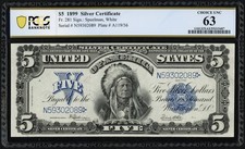 1899 $5 Five Dollar Indian Chief Silver Certificate Note Fr281 PCGS CU CH UNC 63