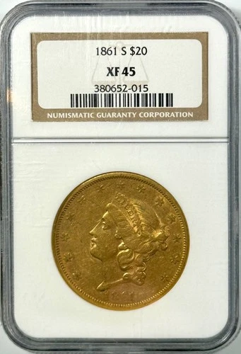 1861-S $20 GOLD LIBERTY DOUBLE EAGLE NGC XF45