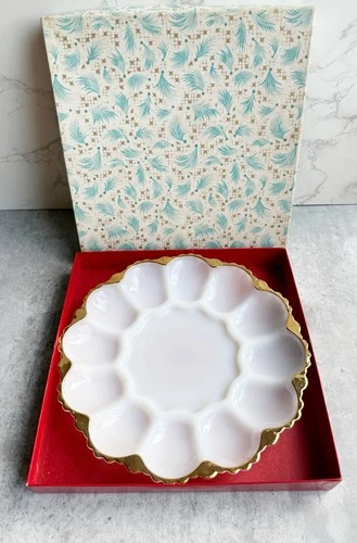 Milk Glass Deviled Egg Dish Plate Vintage 1950s Gold Trim Fire King