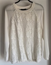 Banana Republic Blouse Women M White Lace Long Sleeve Round Neck Top Shirt