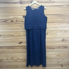Vtg Talbots Linen Dress 16 Irish Linen Navy Blue Maxi Tiered Sleeveless B88
