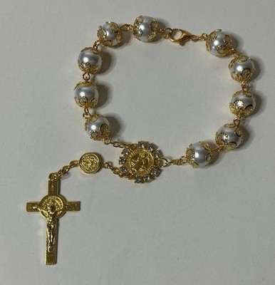NEW One Decade Saint Benedict Cross Glass Rosary Bracelet w/ Crucifix & St Medal
