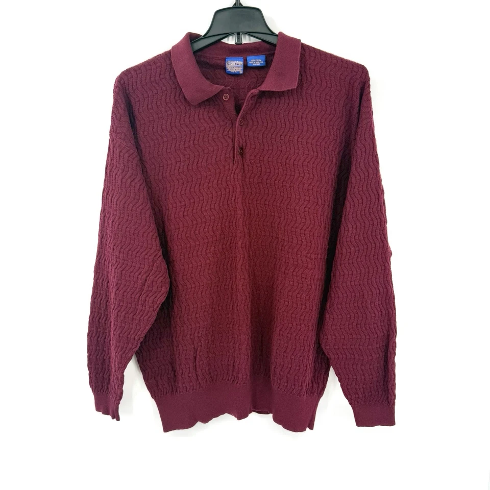 1990's Vintage Pendleton Burgundy Cotton Knit Sweater Pullover Mens XL Collared - Image 2 of 4