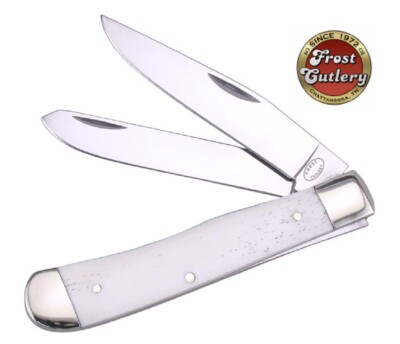  Frost Cutlery Large Smooth White Bone Handle Trapper Pocket Knife - NEW